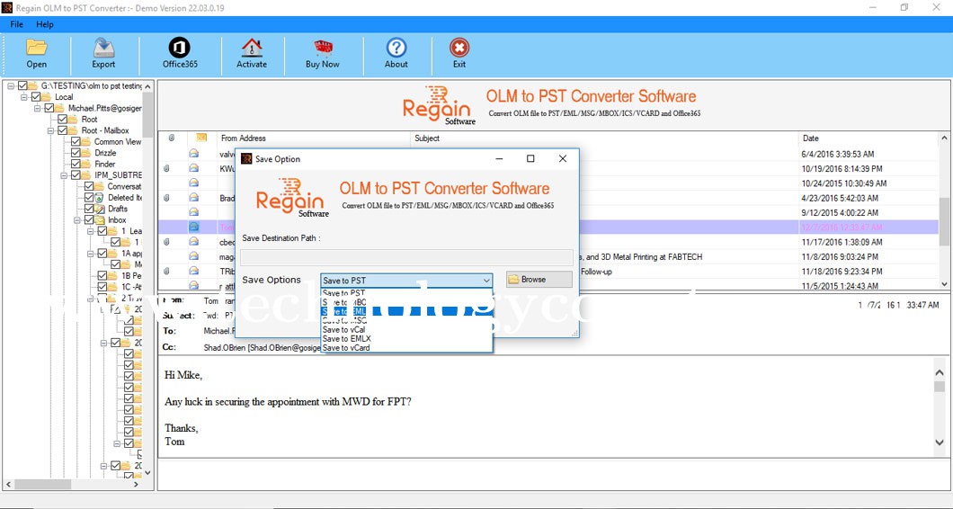 Regain OLM to PST Converter Screenshots